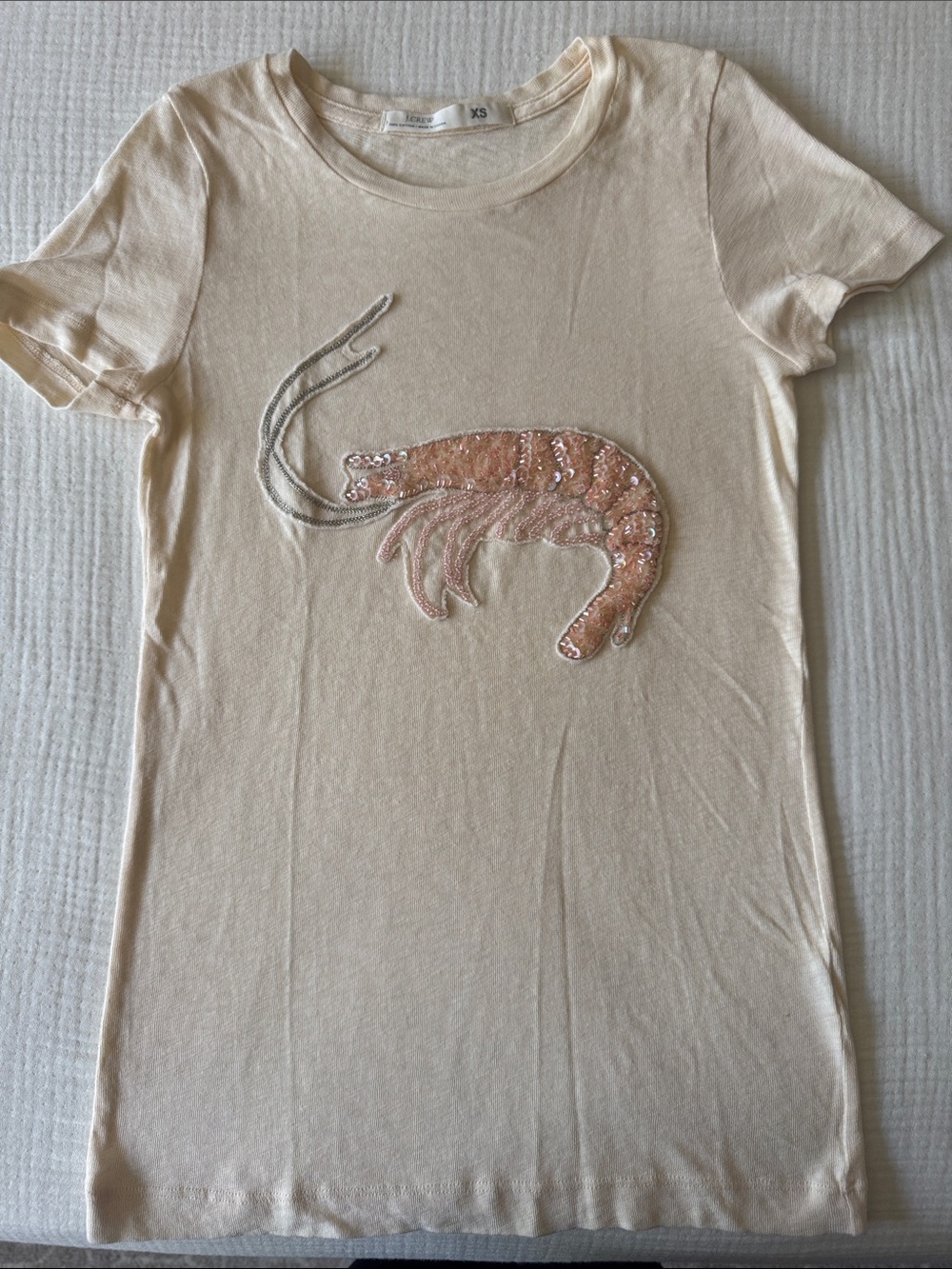 J. Crew Cream Short Sleeve Tee with Beaded Shrimp Applique. Size XS. Like new